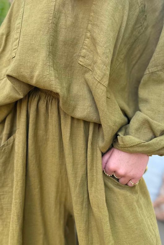 Sandbar Linen Blend Pop Over Shirt Olive
